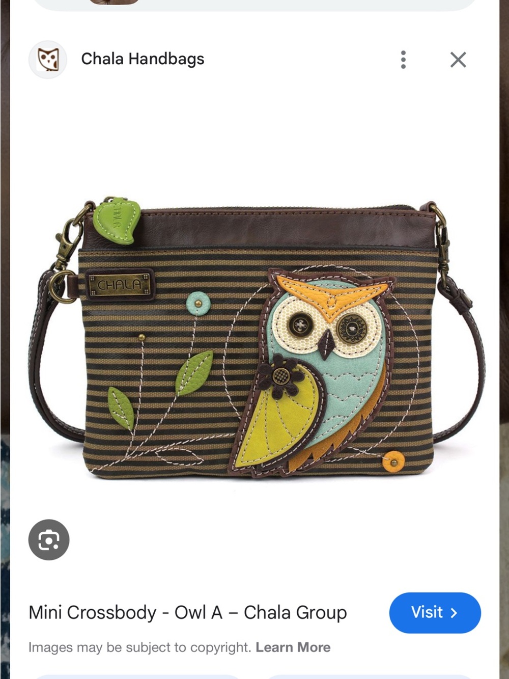Chala Crossbody Bag - Brown with Green, Teal & Yellow Owl Appliqué